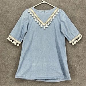 Hayden LA Denim Tunic Top Dress Size S Blue Boho Festival Tapestry Tassel fringe
